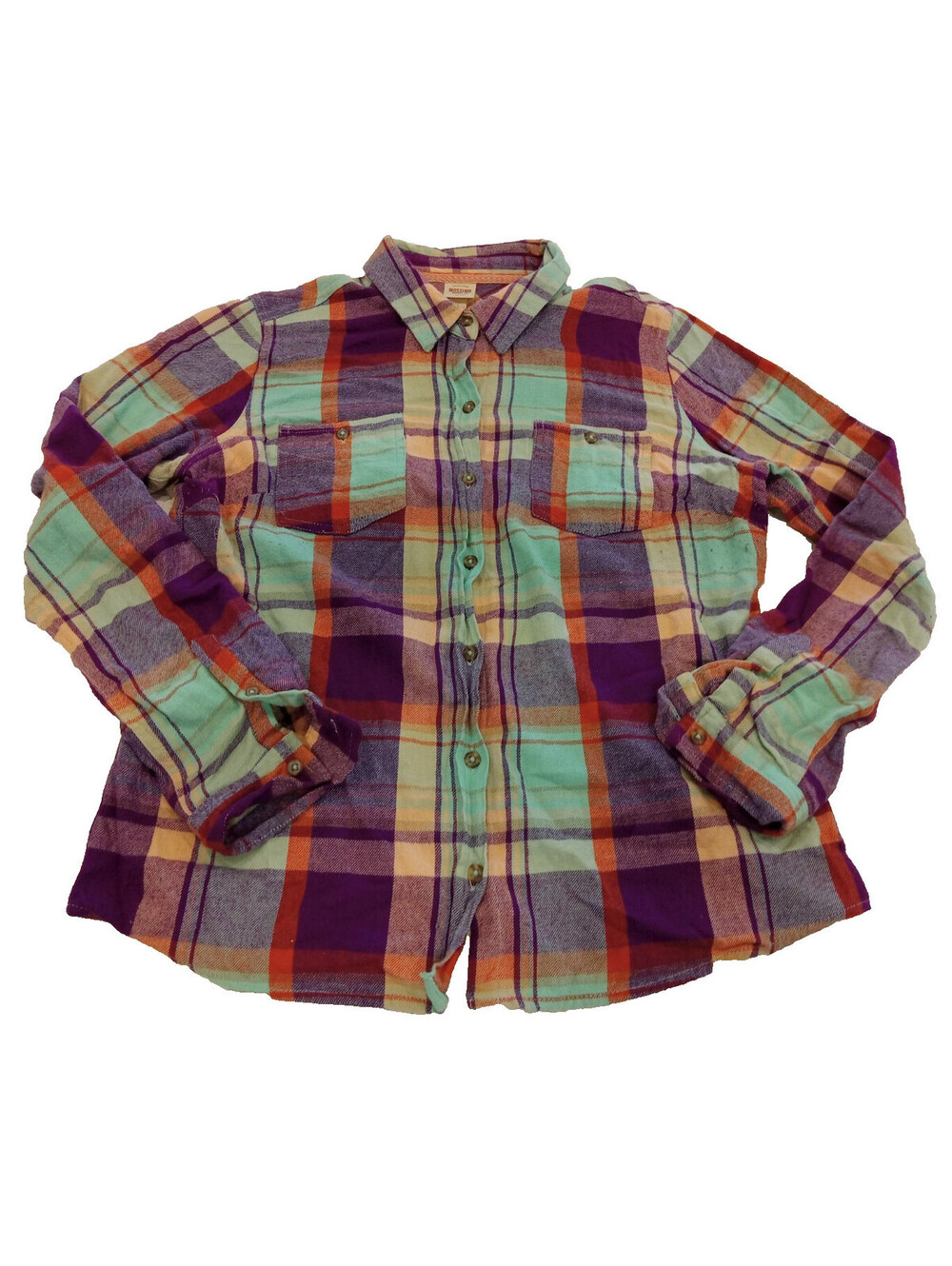 Mossimo Plaid Shirt Womens Large L Purple Orange Roll Tab Sleeve Button Up